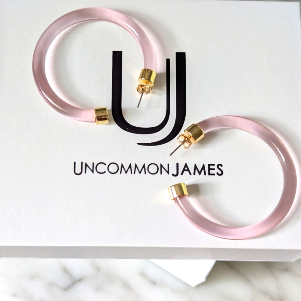 NIB Uncommon James Blush Pink Resin and Gold Hoop Earrings